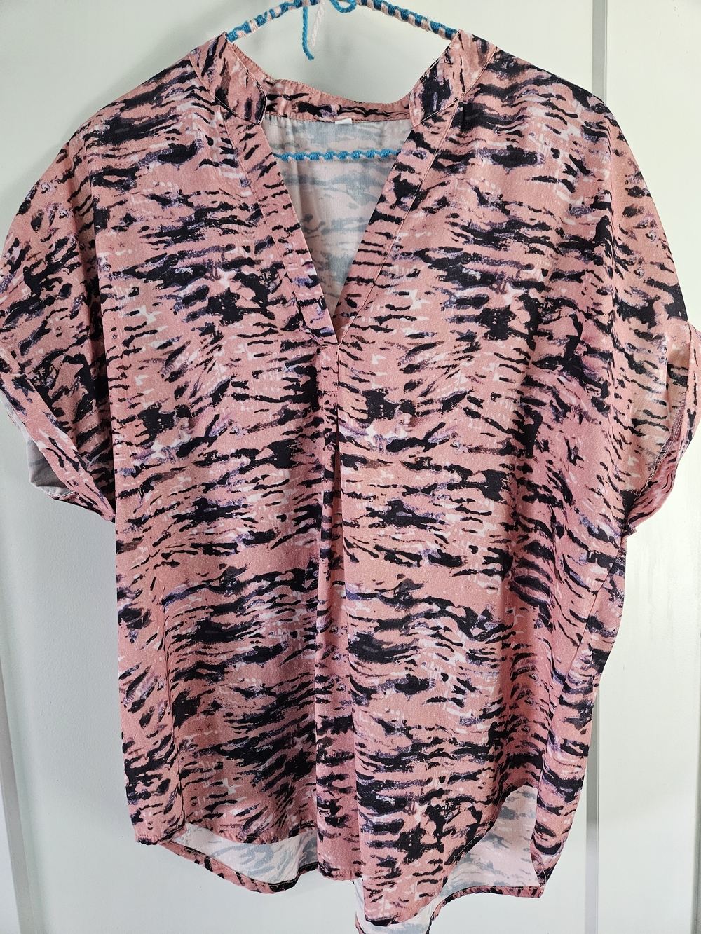 Pink Salmon Abstract Print V Neck Blouse Short Sleeve Lightweight Top